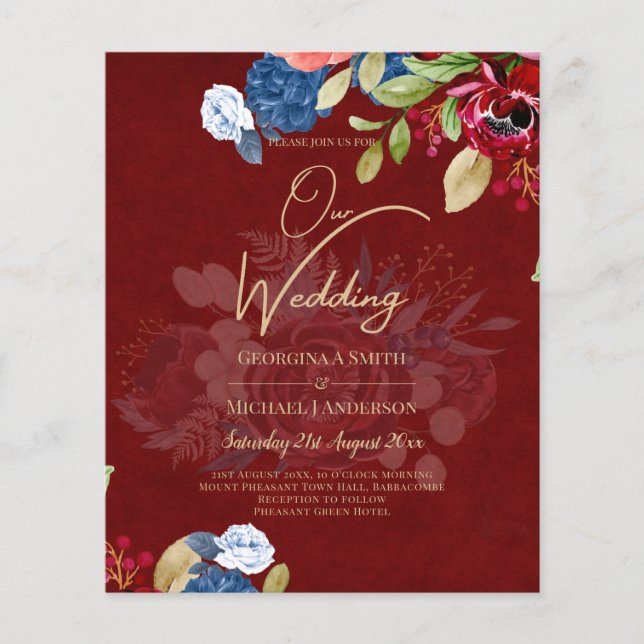 Rustic Burgundy Blue Floral Wedding Flyer (Vorne)