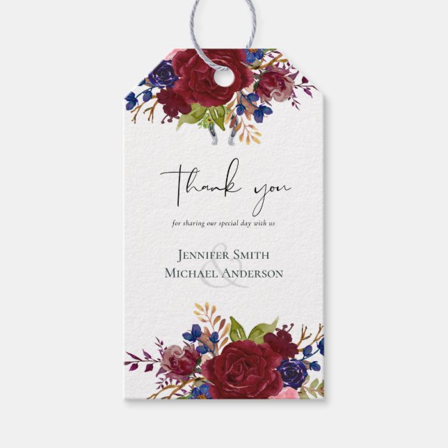 Rustic Burgundy Blue Floral Wedding Geschenkanhänger (Vorderseite)