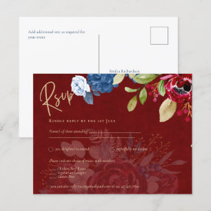 Rustic Burgundy Blue Floral Wedding RSVP Postkarte