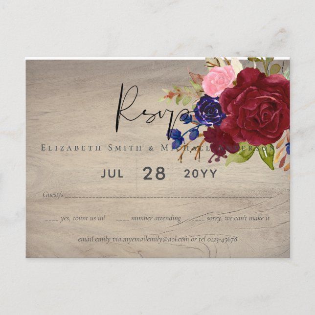 Rustic Burgundy Blue Floral Wedding RSVP Postkarte (Vorderseite)