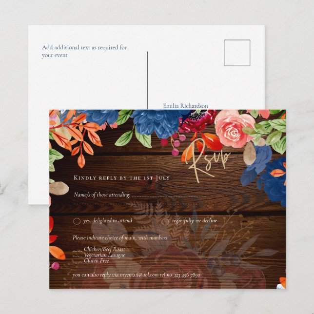 Rustic Burgundy Blue Floral Wedding RSVP Postkarte (Vorne/Hinten)