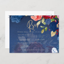 Rustic Burgundy Blue Floral Wedding RSVP