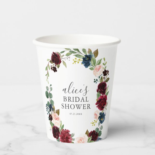 Rustic Burgundy Blue Flowers Bridal Shower Pappbecher (Vorderseite)