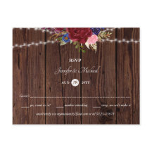 Rustic Burgundy Blue Wedding RSVP Postcard