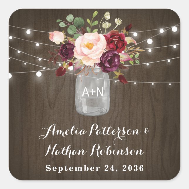 Rustic Burgundy Blush Floral Mason Jar Wedding Quadratischer Aufkleber (Vorderseite)
