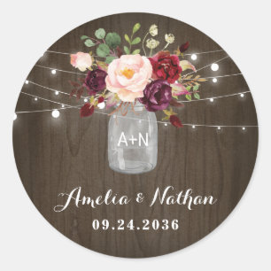 Rustic Burgundy Blush Floral Mason Jar Wedding Runder Aufkleber