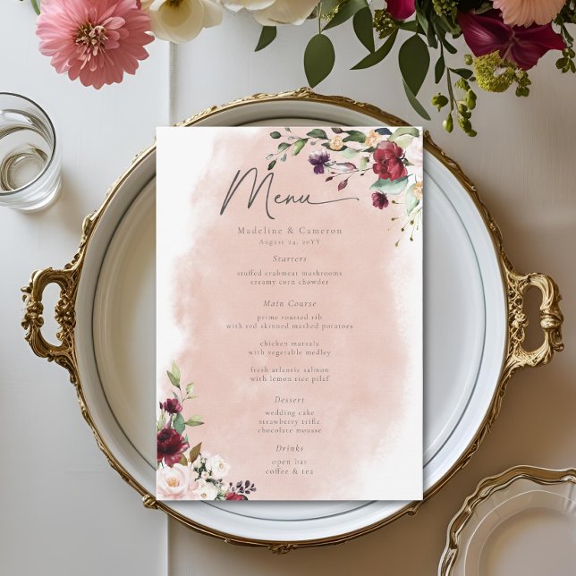 Rustic Burgundy & Blush Pink Roses Wedding Menükarte (Rustic Burgundy & Blush Pink Roses Wedding Menu)