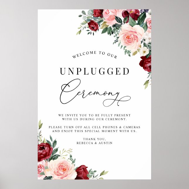 Rustic Burgundy Blush Unplugged Zeremonie Hochzeit Poster (Vorne)