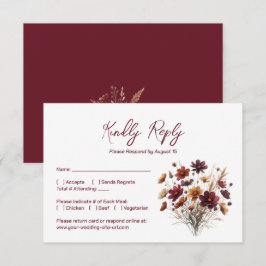 Rustic Burgundy Boho Chic Wildflowers Wedding RSVP Karte