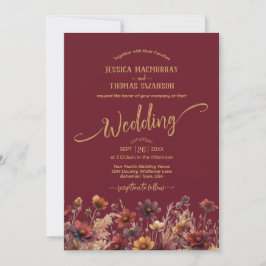 Rustic Burgundy Boho Wildflowers Elegant Wedding Einladung
