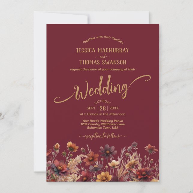 Rustic Burgundy Boho Wildflowers Elegant Wedding Einladung (Vorderseite)