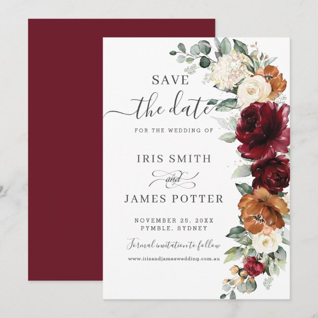 Rustic Burgundy Burnt Orange Ivory Floral Wedding  Save The Date (Vorne/Hinten)