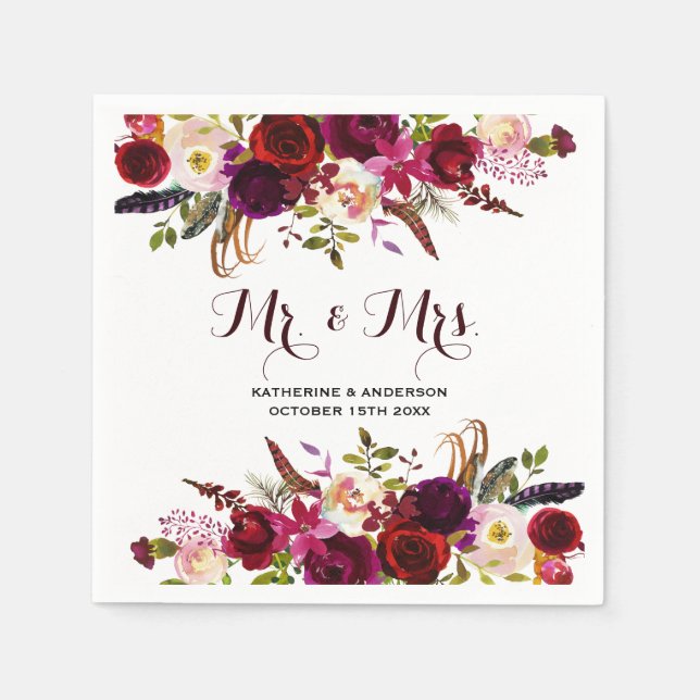 Rustic Burgundy Chic Floral Mr. und Mrs. Wedding Serviette (Vorderseite)