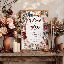 Rustic Burgundy Fall Floral Boho Hochzeit Willkomm Poster