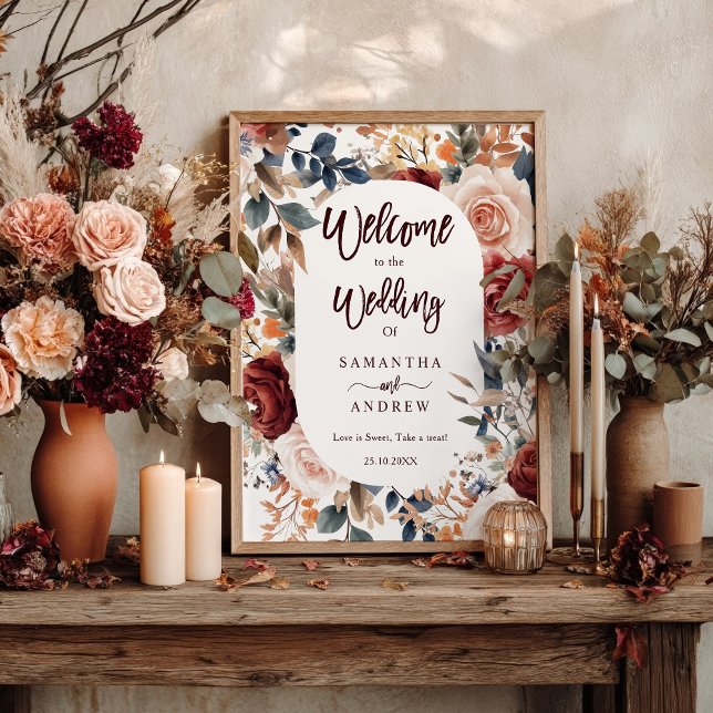 Rustic Burgundy Fall Floral Boho Hochzeit Willkomm Poster (Rustic Burgundy Fall Floral Boho Wedding Welcome Poster)