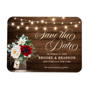 Rustic Burgundy Floral Mason Jar Save the Date Magnet