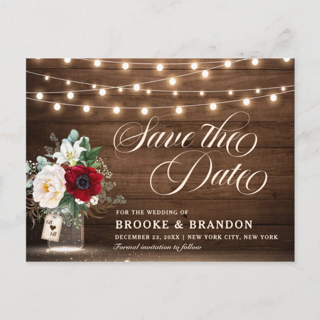 Rustic Burgundy Floral Mason Jar Save the Date Postkarte (Vorderseite)