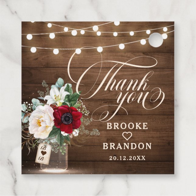 Rustic Burgundy Floral Mason Jar Wedding Geschenkanhänger (Rückseite)