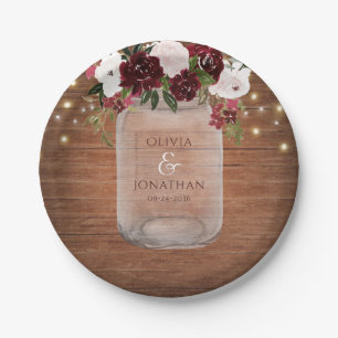 Rustic Burgundy Floral Mason Jar Wedding Pappteller