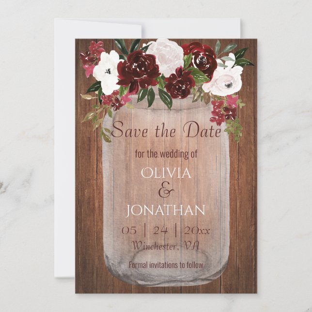 Rustic Burgundy Floral Mason Jar Wedding Save The Date (Vorderseite)