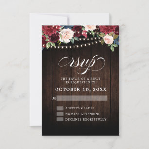 Rustic Burgundy Floral String Light Wedding RSVP