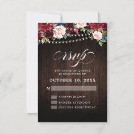 Rustic Burgundy Floral String Light Wedding RSVP Karte