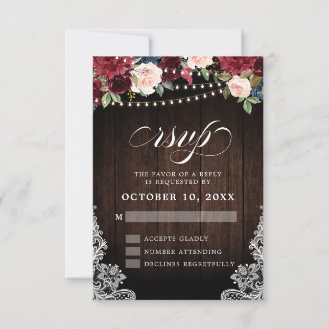 Rustic Burgundy Floral String Light Wedding RSVP Karte (Vorderseite)