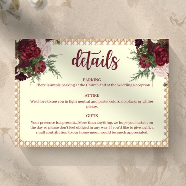 Rustic Burgundy Floral Wedding Details Card RSVP Karte (Burgundy and Ivory Wedding Details Card Floral and Rattan Border)