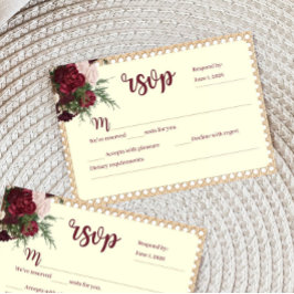 Rustic Burgundy Floral Wedding RSVP Response Card Karte