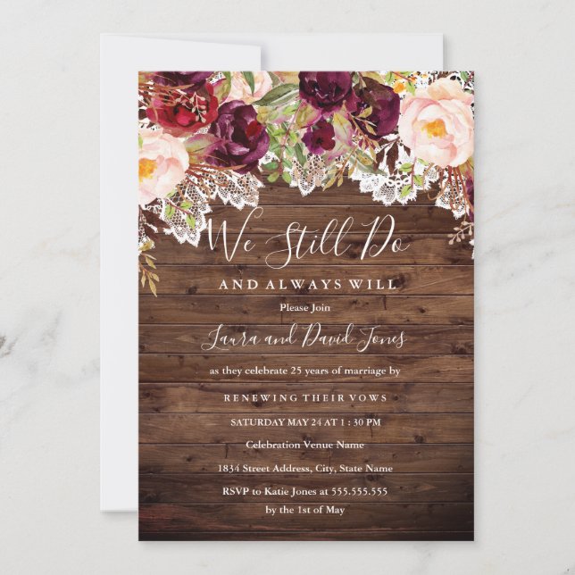 Rustic Burgundy Floral Wedding Vow Renewal Einladung (Vorderseite)