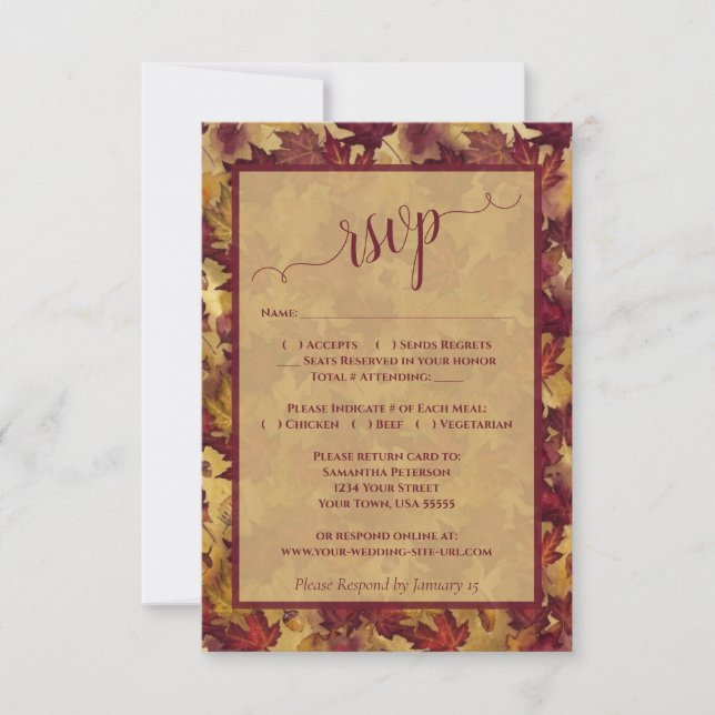 Rustic Burgundy & Gold Autumn Leaves Wedding RSVP Karte (Vorderseite)