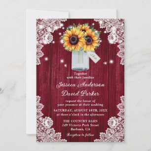Rustic Burgundy Lace Mason Jar Sunflower Wedding Einladung