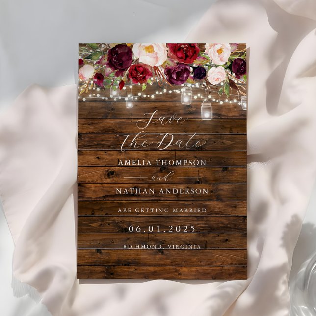 Rustic Burgundy Lights Wedding Save The Date Einladung (Von Creator hochgeladen)