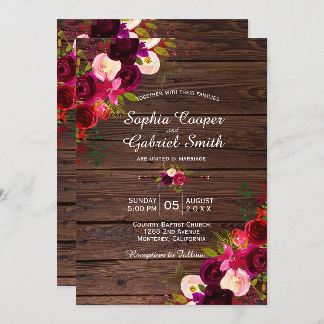 Rustic Burgundy Marsala Floral | Barn Wood Wedding Einladung (Vorne/Hinten)