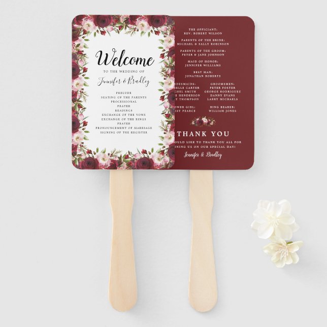 Rustic Burgundy Marsala Floral Wedding Program Fächer (Vorne und Hinten)