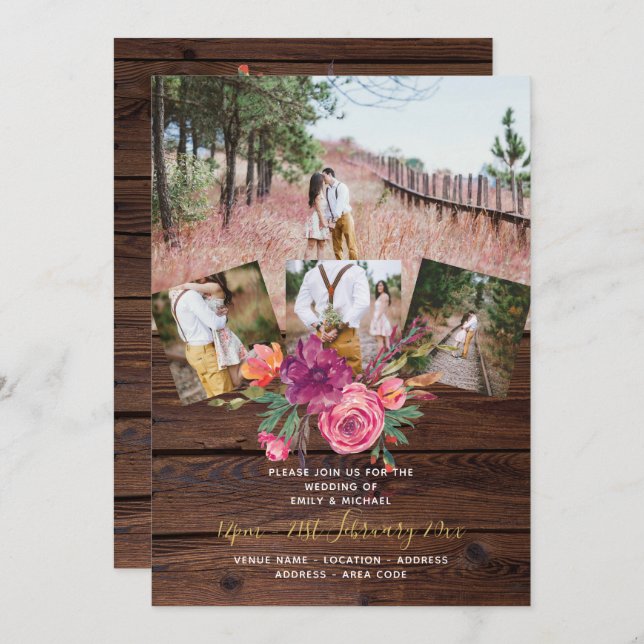 Rustic Burgundy Marsala FOTO COLLAGE WEDING Einladung (Vorne/Hinten)