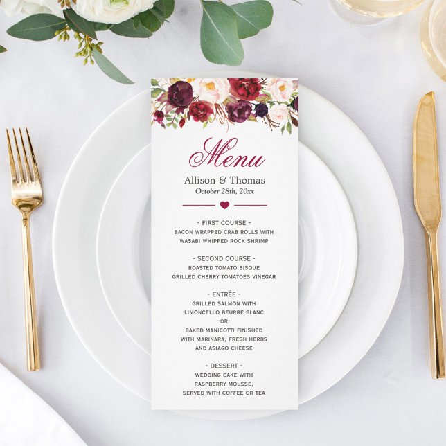Rustic Burgundy Marsala Red Floral Wedding Menu Menükarte (Von Creator hochgeladen)
