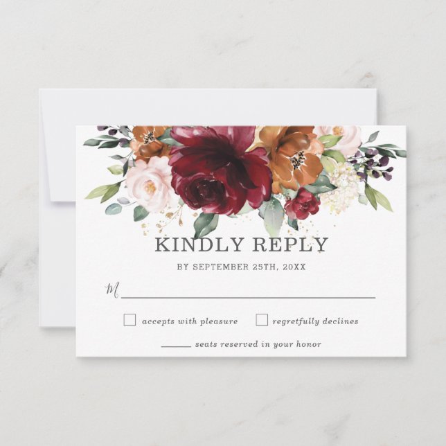 Rustic Burgundy Orange Floral Wedding RSVP Card (Vorderseite)