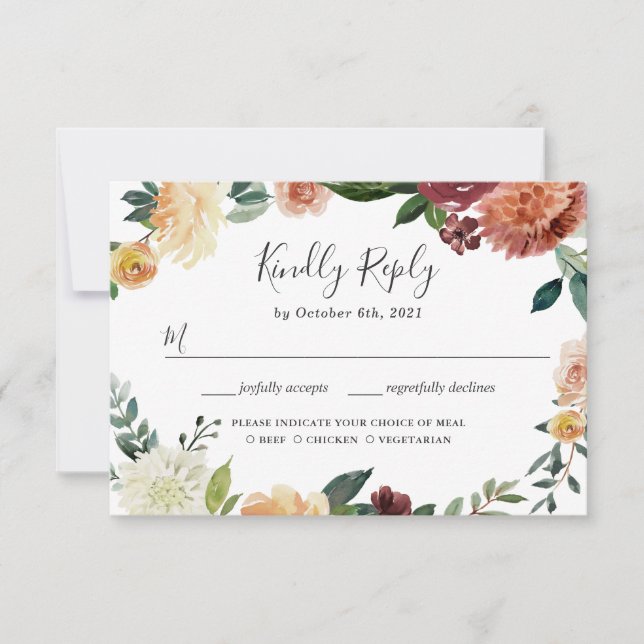 Rustic Burgundy Peach Orange Floral Wedding RSVP (Vorderseite)