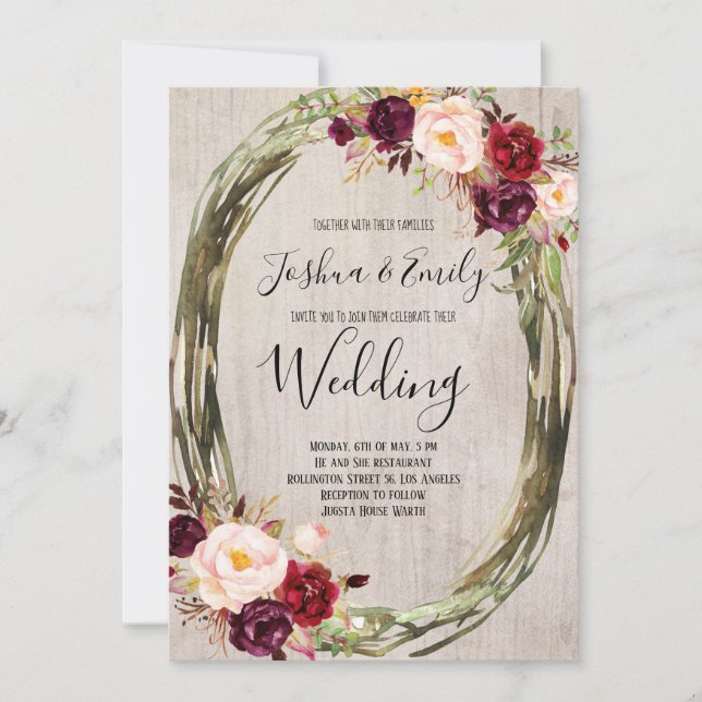 Rustic Burgundy Peony Floral Wedding Einladung (Vorderseite)