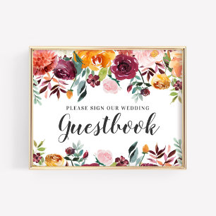 Rustic Burgundy Pink Fall Floral Wedbook Poster