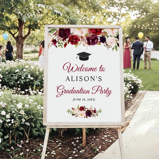 Rustic Burgundy Red Floral Graduation Party Sign Poster (Von Creator hochgeladen)
