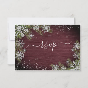 Rustic Burgundy Silver Winter Wood Wedding RSVP Karte