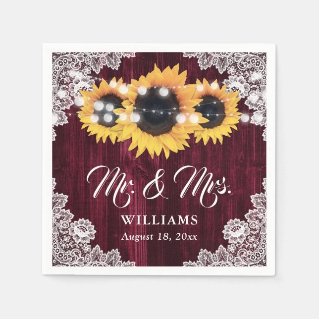 Rustic Burgundy Sonnenblume Mr. and Mrs. Wedding Serviette (Vorderseite)