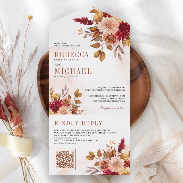 Rustic Burgundy Terracotta Floral QR Code Wedding All In One Einladung (Von Creator hochgeladen)