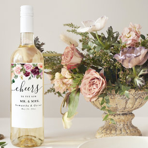 Rustic Burgundy Watercolor Flowers & Gold Drops Weinetikett