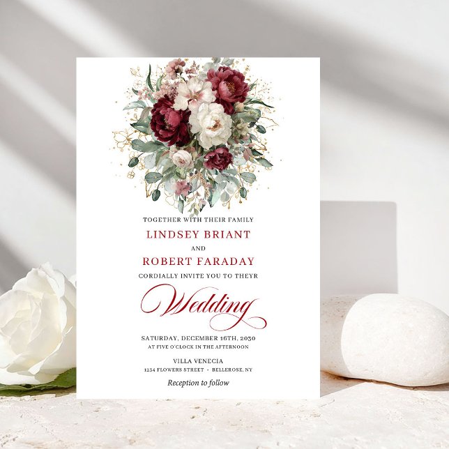 Rustic Burgundy White Floral Eucalyptus Gold Weddi Einladung (Rustic Burgundy White Floral Eucalyptus Gold Wedding Invite)