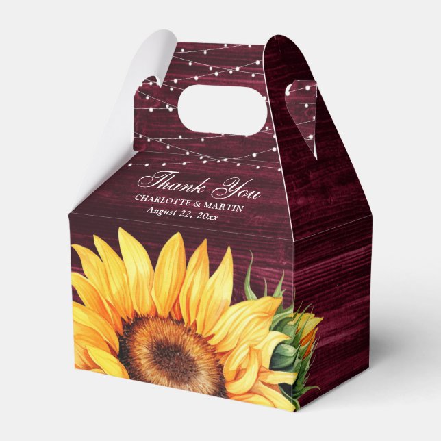 Rustic Burgundy Wood Sunflower Gastgeschenk Hochze Geschenkschachtel (Vorderseite)