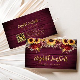 Rustic Burgundy Wood Sunflower QR Code Visitenkarte