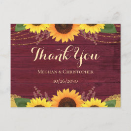 Rustic Burgundy Wood Sunflower Wedding Vielen Dank Postkarte